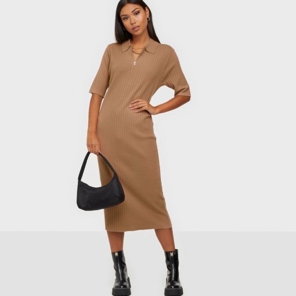 NWT ASOS Y.A.S Yaspolina Collared Ribbed Sweater Midi Dress Tan - Picture 1 of 5